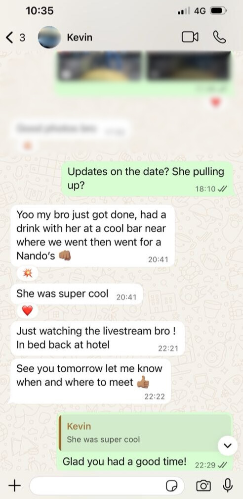 Kevin texting in after his first date